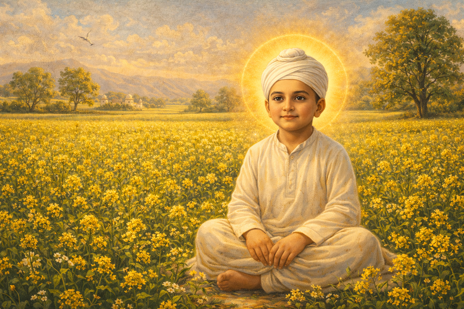Young Guru Nanak as a Child in a Mustard Field